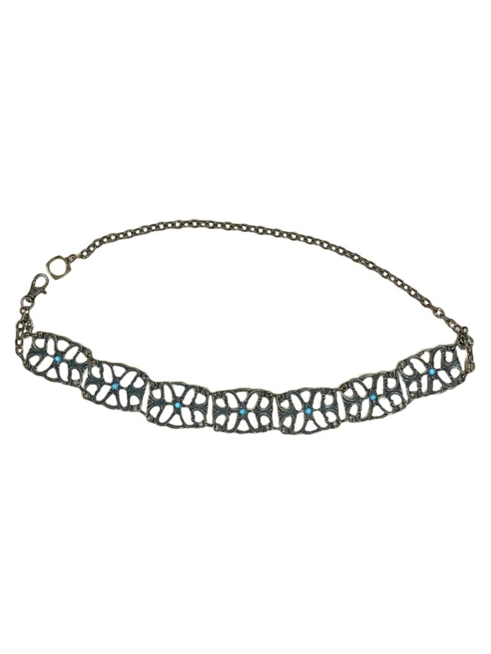 Vintage Chain Belt Turquoise Accent Bronze Scroll Link Boho Western